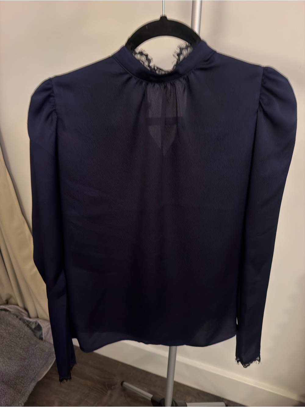 Express Navy High-Neck Lace-Trim Blouse